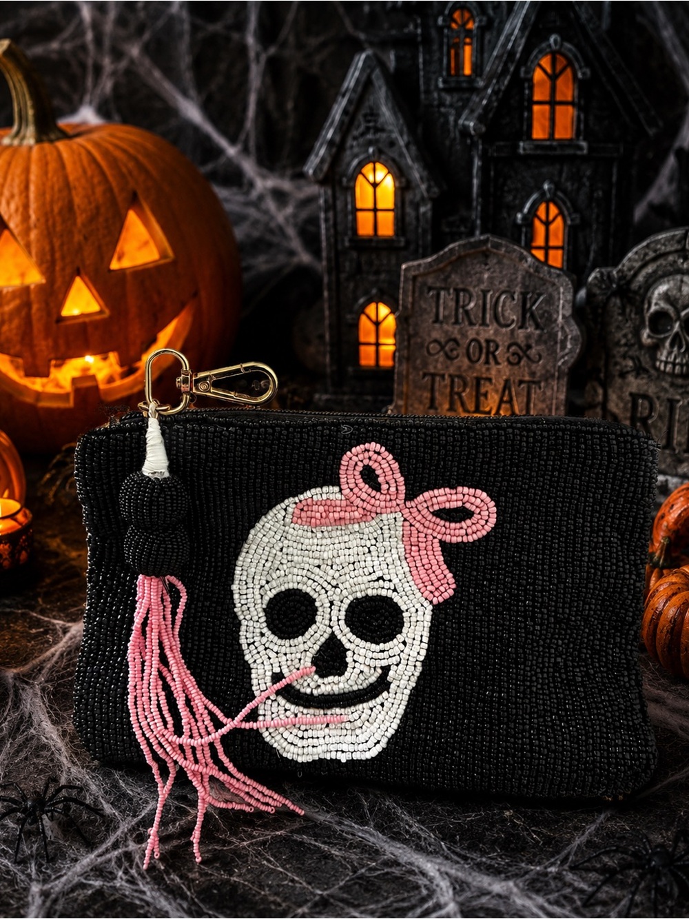 Wandering Moon Black Beaded Skull Pouch with Pink Accent & tassels NWT - Picture 4 of 6